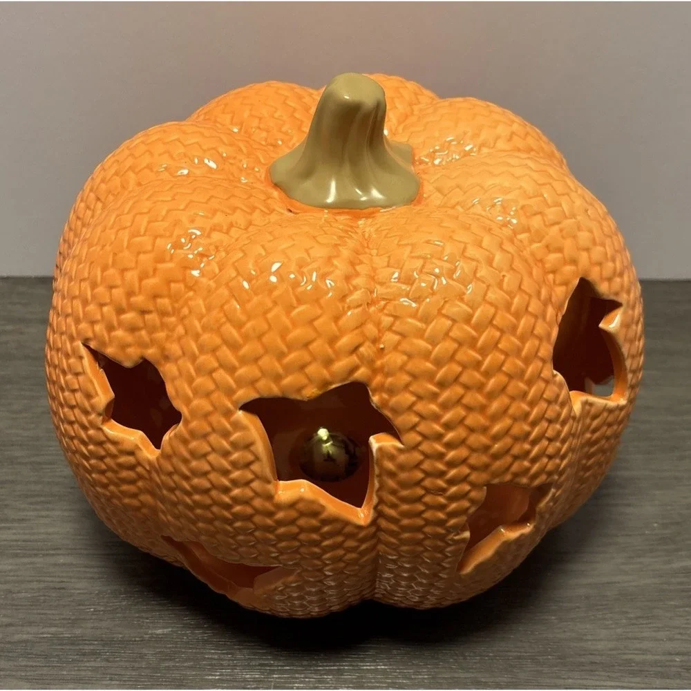 Ceramic Fall Halloween Lighted Pumpkin‎ Leaf Cutouts